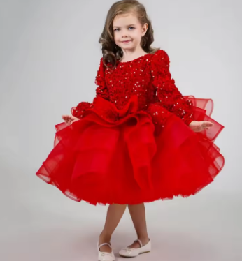 Customized Flower Girl Dresses Pink Sequin Tiered With Bow Long Sleeve For Wedding Birthday Party Banquet Holy Communion Gowns