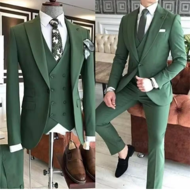 Groom Wear 3 Pieces Green Men Suits 2023 Slim Fit Peak Lapel One Button Wedding Tuxedo Terno Masculino (Jacket+Pants+Vest）