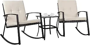 Shintenchi 3 Pieces Rocking Bistro Set Wicker Patio Outdoor Furniture, 2 Rattan Porch Chairs Conversation Sets with Glass Coffee Table (Beige)