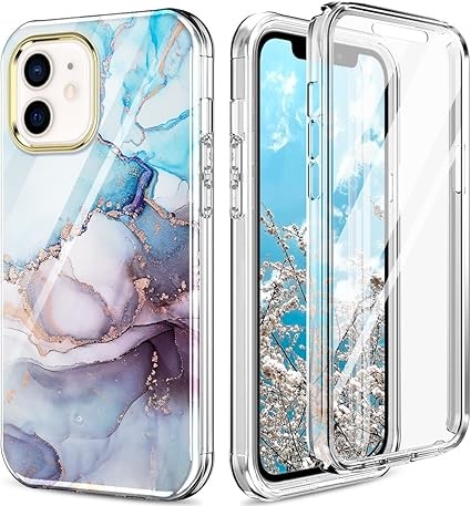 Compatible with iPhone 12 Pro Case [Built in Screen Protector] Shockproof Dual Layer High Impact Protective Hard Plastic & Soft TPU with Phone Bumper Tough Cover for Women(L11 Marble White)