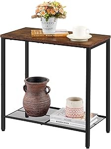 Hoctieon 2 Tier End Table, Sofa Side Table, Narrow Side Table with Storage, Slim Nightstand for Small Spaces, Metal Frame, for Living Room, Bedroom, Sofa Couch, Hall, Rustic Brown