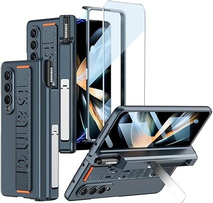 Case for Samsung Galaxy Z Fold 4 Magnetic Hinge Protective with Wristband and S Pen Slot, Luxury PC Shockproof Non-Slip Hand Strap Cover with Screen Protector for Samsung Z Fold 4(Without Pen),Green