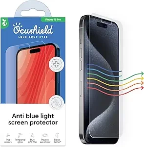 Ocushield Anti Blue Light Tempered Glass Screen Protector for iPhone 15 Pro (6.1") - Protect Your Eyes, Reduce Migraines & Improve Sleep