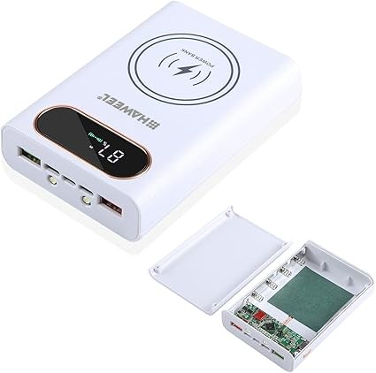 2-in-1 Cell Phone Wireless Charger Mobile Power Battery Charger Set,Portable Battery Charger with LCD Display and 2 USB Output Ports，DIY 4 * 21700 Solderless White Battery Box(Battery Not Included)