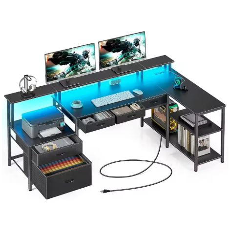 L Shaped Desk with File Drawers, 64" Home Office Desk with Power Outlet & LED Lights, Reversible Gaming Desk with Printer