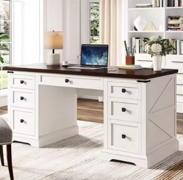 Executive Desk Wih 7 Drawers Farmhouse Computer Desk with Charging Station Wood Desk for Home Office Workspace for Work Study