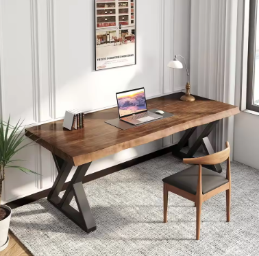 Solid Wood Desk 55 inches, Home Office Computer Desk Wooden Rustic Writing Desk Metal Modern (Brown)