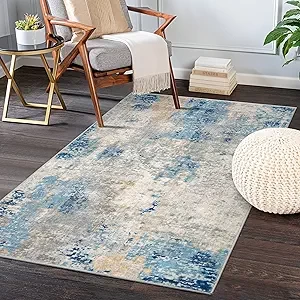 Lahome Modern Abstract Area Rug - 3x5 Washable Bedroom Rug Soft Throw Entry Mat Contemporary Faux Wool Non-Slip Stain Resistant Carpet for Living Room Kitchen Bath Office, Blue/Yellow/Ivory