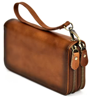 Fashionable Leather Clutch Wallet For Men Women Genuine Leather Long Purse Double Zips Card Holder With Wrist Belt Phone Wallets