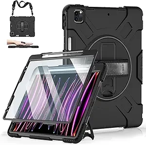 Case for iPad Pro 12.9 2022/2021/ 2020/2018: Cover for iPad Pro 12.9 6th/ 5th/ 4th/ 3rd Generation with Screen Protector- Stand- Pencil Holder- Handle- Shoulder Strap Black