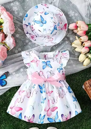 New baby girl summer multi-color butterfly print bow sweet dress+hat